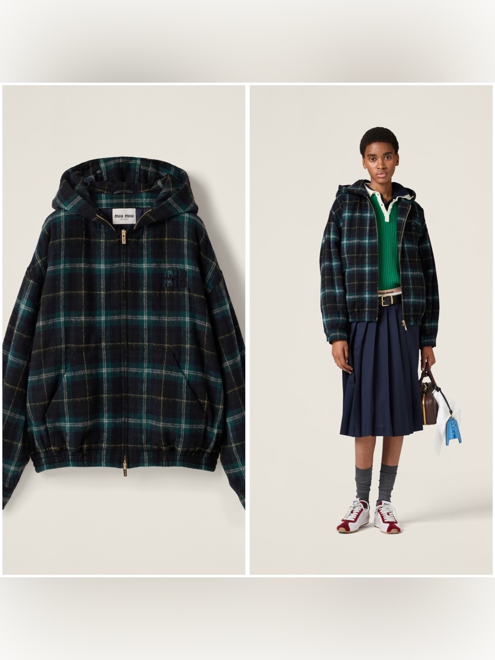 NWOT Miu Miu Plaid Zip-Up Hoodie Jacket - Navy & Green, Size 38 = M